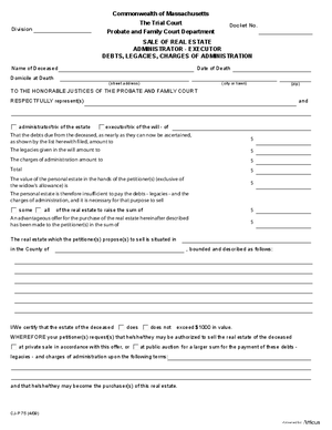 Thumbnail of Massachusetts Form Sale Of Real Estate Administrator/executor Debts, Legacies, Charges Of Administration
