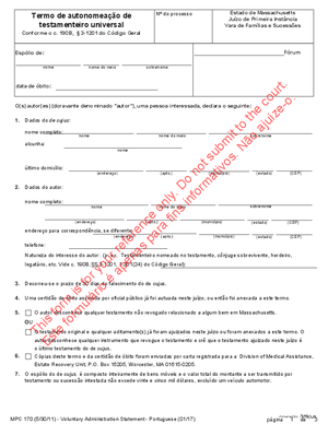 Thumbnail of Massachusetts Form Termo De Autonomeação De Testamenteiro Universal / Voluntary Administration Statement