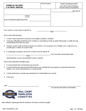 Thumbnail of Massachusetts Form Termo De Decisão E Acordo Judicial / Decree And Order Of Compromise
