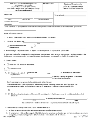 Thumbnail of Massachusetts Form Termo De Decisão Sobre Pedido De Sentença De Sucessão E/ou Nomeação De Inventariante / Decree And Order On Petition For Late And Limited Formal Testacy And/or Appointment