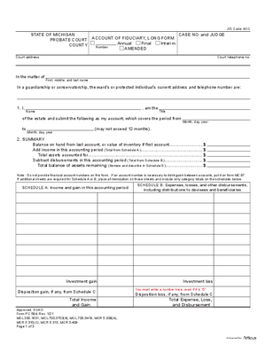 Thumbnail of Michigan Form Account Of Fiduciary, Long Form
