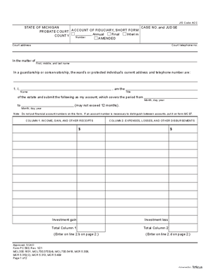 Thumbnail of Michigan Form Account Of Fiduciary, Short Form