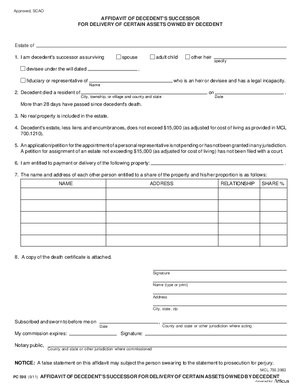 Thumbnail of Michigan Form Affidavit Of Decedent’s Successor For Delivery Of Certain Assets Owned By Decedent