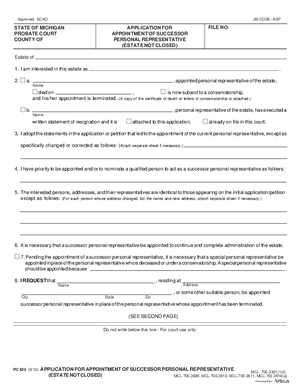 Thumbnail of Michigan Form Application For Appointment Of Successor Personal Representative (Estate Not Closed)