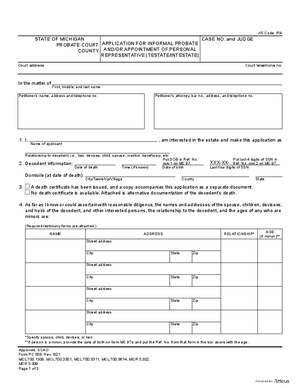 Thumbnail of Michigan Form Application For Informal Probate And/or Appointment Of Personal Representative (Testate/intestate)