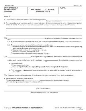 Thumbnail of Michigan Form Application/petition To Reopen Estate