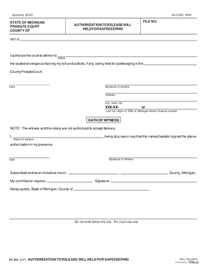 Thumbnail of Michigan Form Authorization To Release Will Held For Safekeeping