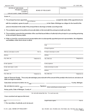 Thumbnail of Michigan Form Bond Of Fiduciary