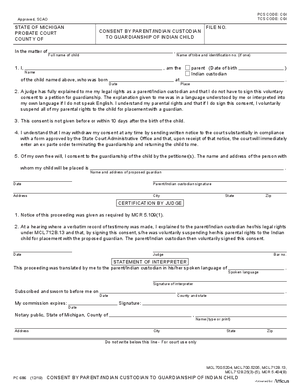 Thumbnail of Michigan Form Consent By Parent/indian Custodian To Guardianship Of Indian Child