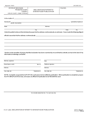 Thumbnail of Michigan Form Declaration Of Intent To Give Notice By Publication