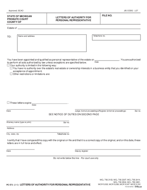 Thumbnail of Michigan Form Letters Of Authority For Personal Representative