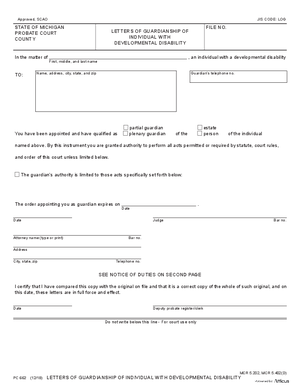 Thumbnail of Michigan Form Letters Of Guardianship Of Individual With Developmental Disability