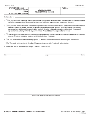 Thumbnail of Michigan Form Memorandum Of Administrative Closing