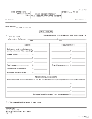 Thumbnail of Michigan Form Minor Conservatorship - Final Account, Waiver And Consent