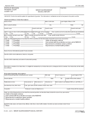 Thumbnail of Michigan Form Minor Guardianship Social History