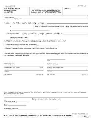 Thumbnail of Michigan Form Notice Of Appeal And Application (Drain Code - Apportionment Appeal)