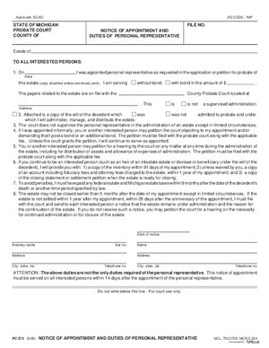 Thumbnail of Michigan Form Notice Of Appointment And Duties Of Personal Representative