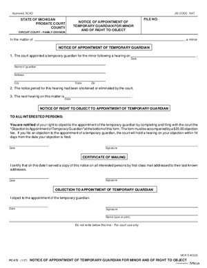 Thumbnail of Michigan Form Notice Of Appointment Of Temporary Guardian For Minor And Of Right To Object