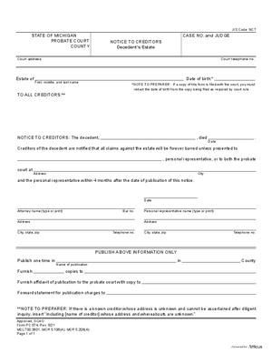 Thumbnail of Michigan Form Notice To Creditors, Decedent’s Estate