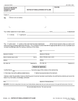 Thumbnail of Michigan Form Notice Of Disallowance Of Claim