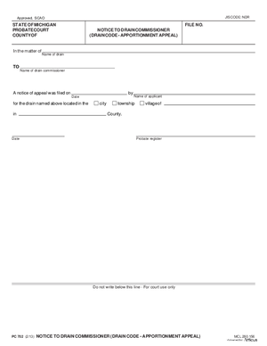Thumbnail of Michigan Form Notice To Drain Commissioner (Drain Code - Apportionment Appeal)