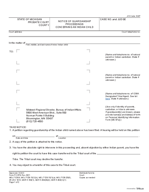 Thumbnail of Michigan Form Notice Of Guardianship Proceedings Concerning An Indian Child