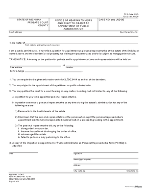 Thumbnail of Michigan Form Notice Of Hearing To Heirs And Right To Object To Appointment Of Public Administrator