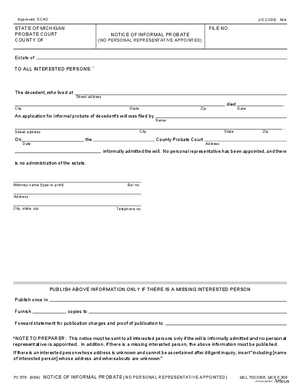 Thumbnail of Michigan Form Notice Of Informal Probate (No Personal Representative Appointed)