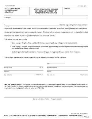 Thumbnail of Michigan Form Notice Of Intent To Request Informal Appointment Of Personal Representative