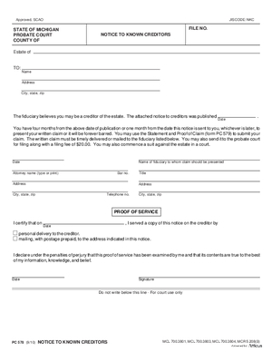 Thumbnail of Michigan Form Notice To Known Creditors