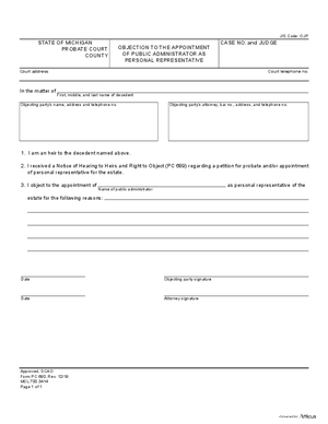 Thumbnail of Michigan Form Objection To The Appointment Of Public Administrator As Personal Representative