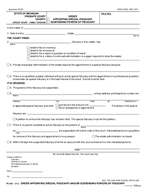 Thumbnail of Michigan Form Order Appointing Special Fiduciary And/or Suspending Powers Of Fiduciary