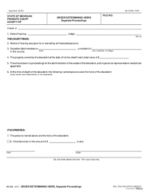 Thumbnail of Michigan Form Order Determining Heirs, Separate Proceedings