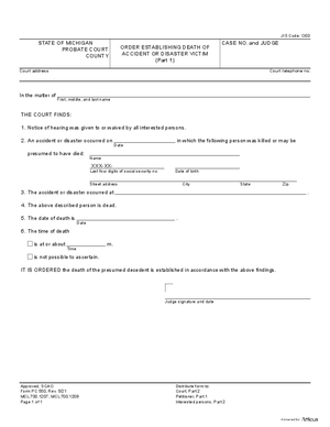Thumbnail of Michigan Form Order Establishing Death Of Accident Or Disaster Victim
