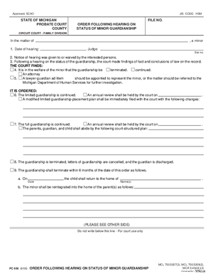 Thumbnail of Michigan Form Order Following Hearing On Status Of Minor Guardianship