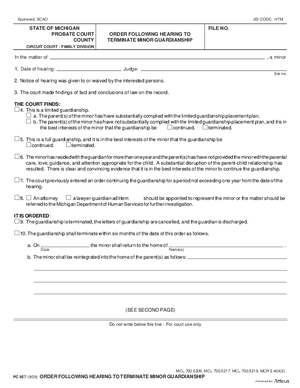 Thumbnail of Michigan Form Order Following Hearing To Terminate Minor Guardianship