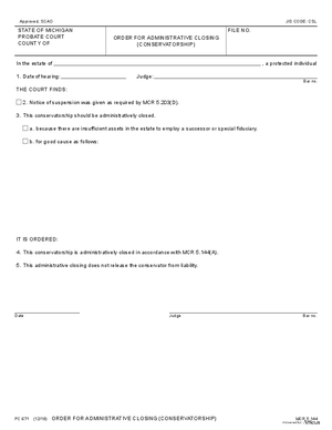Thumbnail of Michigan Form Order For Administrative Closing (Conservatorship)