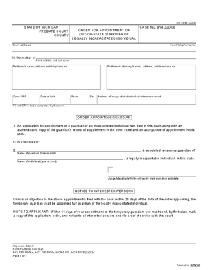 Thumbnail of Michigan Form Order For Appointment Of Out-of-state Guardian Of Legally Incapacitated Individual