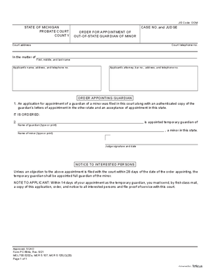 Thumbnail of Michigan Form Order For Appointment Of Out-of-state Guardian Of Minor
