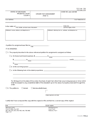 Thumbnail of Michigan Form Order For Assignment