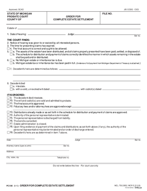 Thumbnail of Michigan Form Order For Complete Estate Settlement