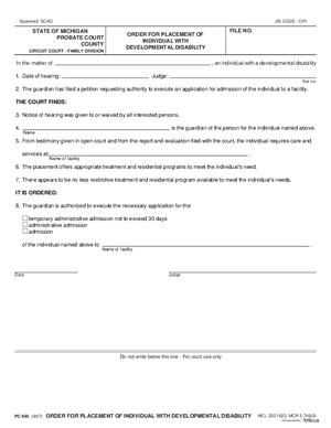 Thumbnail of Michigan Form Order For Placement Of Individual With Developmental Disability