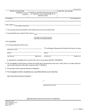Thumbnail of Michigan Form Order Of Investigation And Notice Of Hearing On Guardianship Of Indian Child