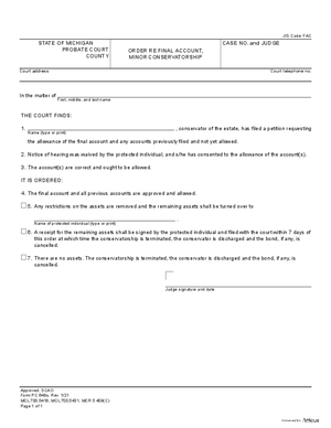 Thumbnail of Michigan Form Order Re Final Account, Minor Conservatorship