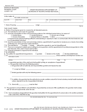 Thumbnail of Michigan Form Order Regarding Appointment Of Guardian Of Incapacitated Individual