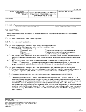 Thumbnail of Michigan Form Order Regarding Appointment Of Guardian/limited Guardian Of A Minor Indian Child
