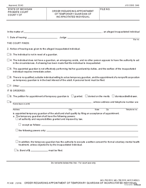 Thumbnail of Michigan Form Order Regarding Appointment Of Temporary Guardian Of Incapacitated Individual