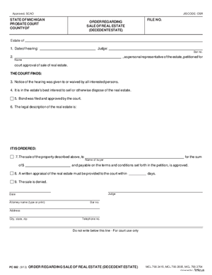 Thumbnail of Michigan Form Order Regarding Sale Of Real Estate (Decedent Estate)