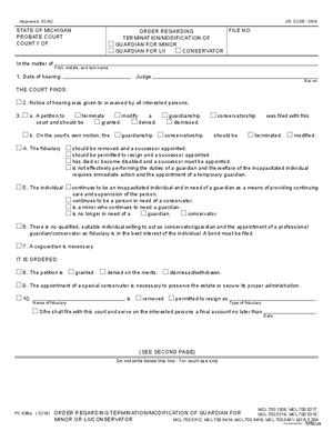 Thumbnail of Michigan Form Order Regarding Termination/modification Of Guardian For Minor Or Lii/conservator