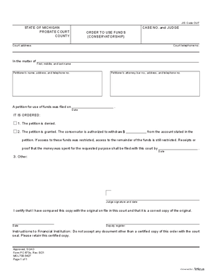 Thumbnail of Michigan Form Order To Use Funds (Conservatorship)